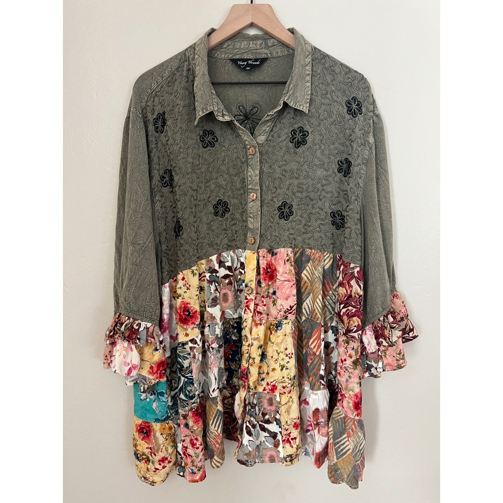 Young Threads Olive Green Patchwork Floral Embroi… - image 4